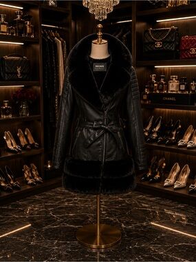 Black Faux Fur Trim Leather Belted Jacket by